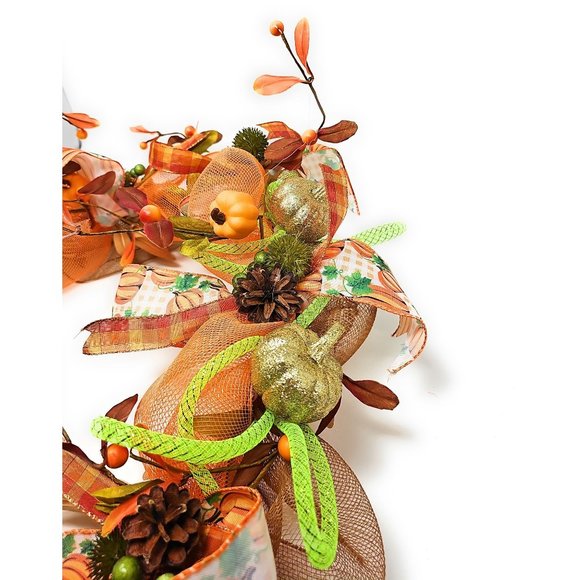 6' Fall Leaf and Pumpkin Handmade Garland with Brown, Orange and Green Ribbon - Picture 5 of 8
